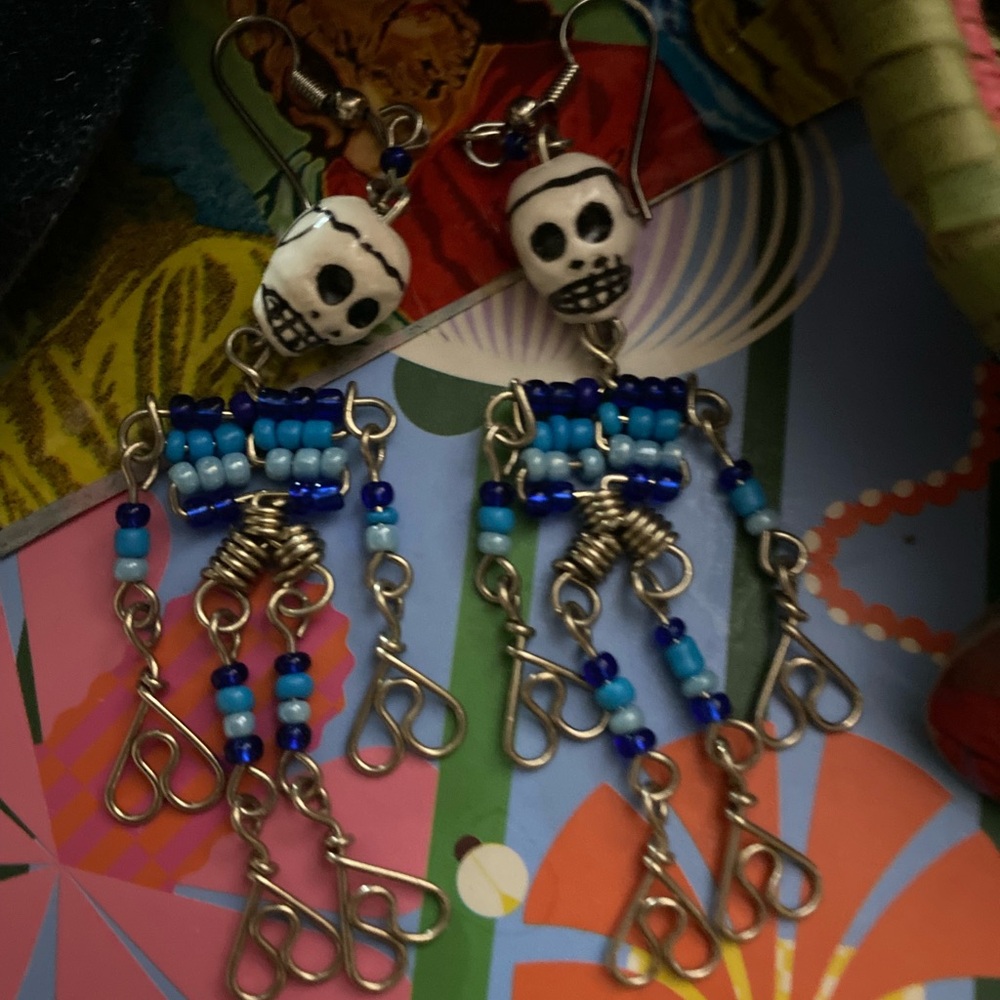 Skeleton Beaded Earrings with Blue Accents